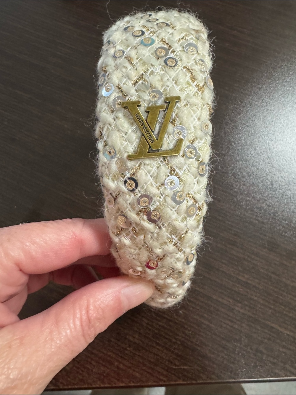 Louis Vuitton Ivory Tweed Sequin Headband with Gold Accents